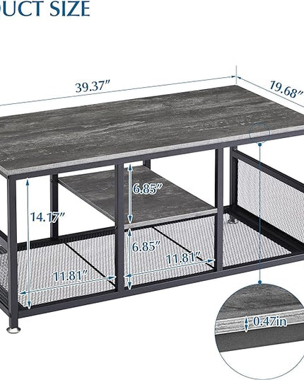 VECELO Coffee Center Table with Storage for Living Room Office Reception, Modern & Industrial Mesh Shelf, 39.4 Inch, Charcoal Gray - LeafyLoom