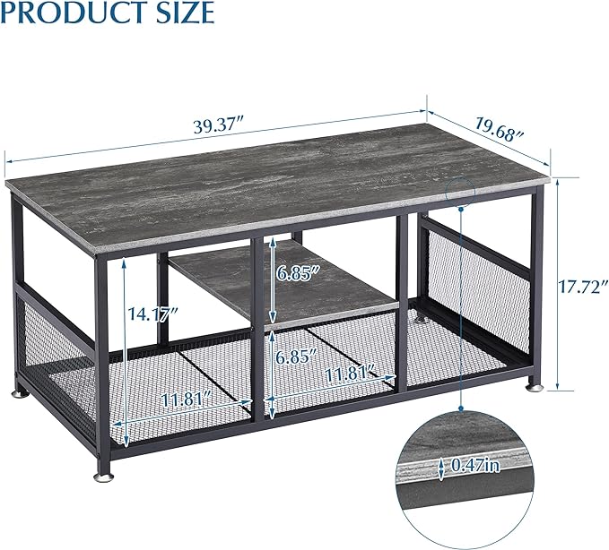 VECELO Coffee Center Table with Storage for Living Room Office Reception, Modern & Industrial Mesh Shelf, 39.4 Inch, Charcoal Gray - LeafyLoom