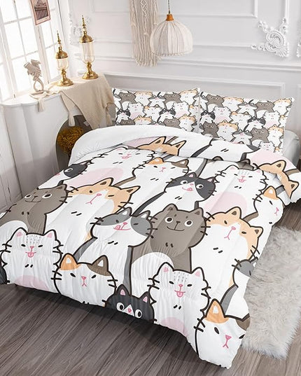 CVHOUSE Cat Bedding,Cartoon Cat Comforter Queen,Animals Print Comforter Set for Kids,Kawaii Quilt Set with 1 Comforter and 2 Pillow Cases - LeafyLoom