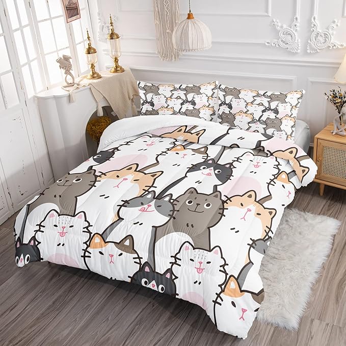CVHOUSE Cat Bedding,Cartoon Cat Comforter Queen,Animals Print Comforter Set for Kids,Kawaii Quilt Set with 1 Comforter and 2 Pillow Cases - LeafyLoom