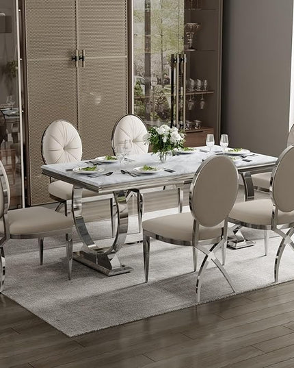 ACEDÉCOR Dining Chairs, White Velvet Dining Room Chairs with Silver Mirrored Legs, Glam White Kitchen Chairs for Dining Room, Kitchen, Living Room (Set of 6) - LeafyLoom