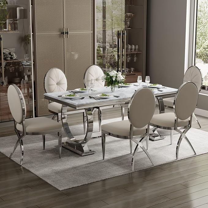 ACEDÉCOR Dining Chairs, White Velvet Dining Room Chairs with Silver Mirrored Legs, Glam White Kitchen Chairs for Dining Room, Kitchen, Living Room (Set of 6) - LeafyLoom