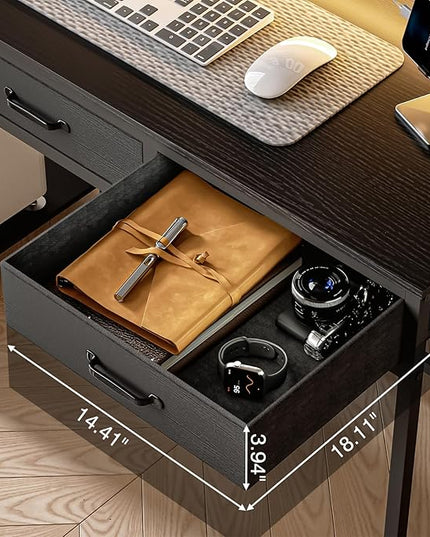 Computer Desk with Drawers and Storage Shelves, Home Office Desk with LED Lights & Power Outlets, Gaming Desk with Monitor Stand, Writing Study Desk, Kids Small Desk for Bedroom, Black - LeafyLoom