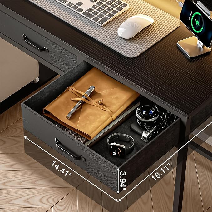 Computer Desk with Drawers and Storage Shelves, Home Office Desk with LED Lights & Power Outlets, Gaming Desk with Monitor Stand, Writing Study Desk, Kids Small Desk for Bedroom, Black - LeafyLoom