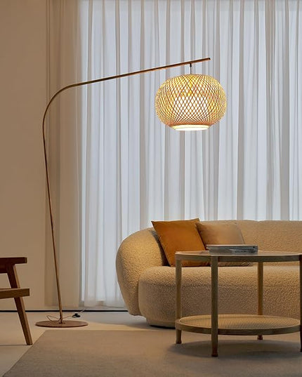 FOS - Modern Bohemian Chic Arch Floor Lamp with Woven Bamboo + Linen Shade - Brushed Brass Finish, Ambient Home Lighting in Living Room, Bedroom, Study, Nursery - LeafyLoom