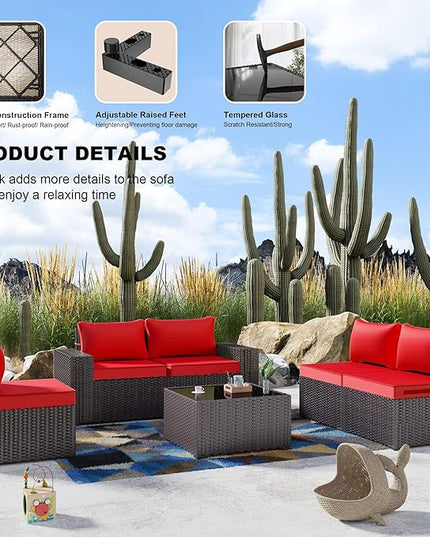 Kullavik 6PCS Outdoor Patio Furniture Set PE Wicker Rattan Sectional Sofa Patio Conversation Sets,Red - LeafyLoom