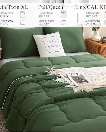 COTTEBED 3PCS Olive Green Comforter Set Queen Size - Jersey Knit T-Shirt Feeling Ultra-Soft Cute Cozy Lightweight Bedding Blanket Quilt Down Set & Pillowcase for All Season Use, Full Queen 88x92 inch - LeafyLoom