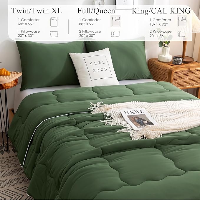COTTEBED 3 Pieces Softness Comforter Set KING Size Bed, California Cal King Jersey Knit T-Shirt Feel Ultra-Soft Comy Lightweight 1 Bedding Quilt Blanket Conforter & 2 Pillowsham All Season Olive Green - LeafyLoom