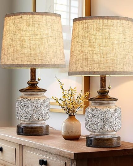 19.5" Farmhouse Bedside Table Lamps Set of 2 Rustic Lamps for Nightstand Bedroom with USB Ports Vintage Traditional White Carved Floral Night Light Lamps for Living Room End Tables Decor - LeafyLoom