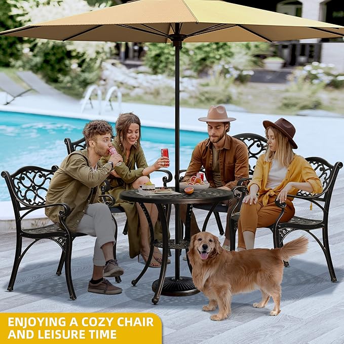 DWVO 5 Piece Outdoor Furniture Cast Aluminum Patio Dining Sets, All-Weather Patio Bistro Sets with 4 Chairs, 30 Inches Round Table with Umbrella Hole, Adjustable Feet for Balcony Backyard Deck Garden - LeafyLoom