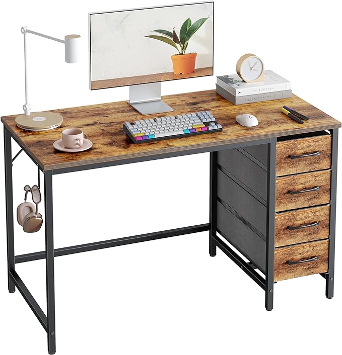 CubiCubi 47 Inch Computer Desk with 4 Drawers, Home Office Small Desk with Storage, Modern Study Writing Desk, Rustic Brown - LeafyLoom