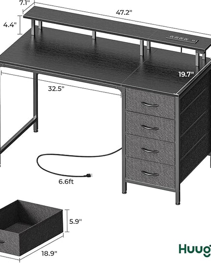 47 Inch Computer Desk with Power Outlets and LED Lights, Gaming Desk with 4 Drawers, Office Desk with Monitor Stand, Study Desk Work Desk for Home Office, Small Spaces, Black - LeafyLoom