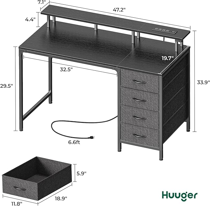 47 Inch Computer Desk with Power Outlets and LED Lights, Gaming Desk with 4 Drawers, Office Desk with Monitor Stand, Study Desk Work Desk for Home Office, Small Spaces, Black - LeafyLoom