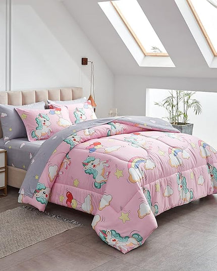UOZZI BEDDING Kids Girls Bed in a Bag 6 Pieces Twin Size Unicorn Pink Colorful Comforter Set - (1 Soft Microfiber, Reversible Comforter, 2 Pillow Shams, 1 Flat Sheet, 1 Fitted Sheet, 1 Pillowcases) - LeafyLoom
