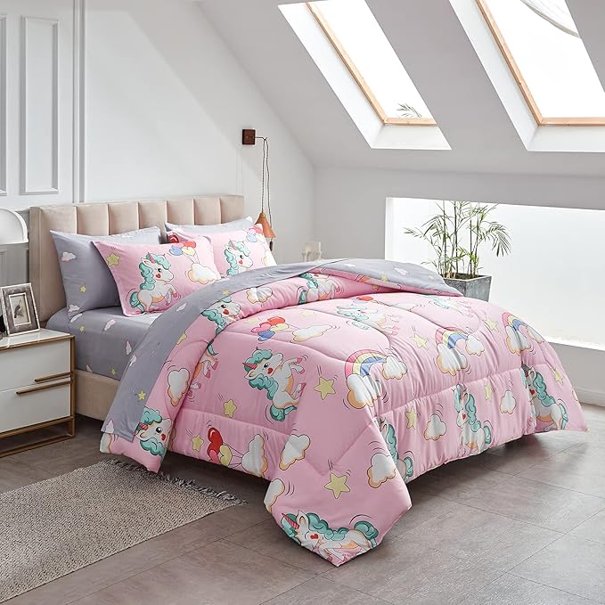 UOZZI BEDDING Kids Girls Bed in a Bag 6 Pieces Twin Size Unicorn Pink Colorful Comforter Set - (1 Soft Microfiber, Reversible Comforter, 2 Pillow Shams, 1 Flat Sheet, 1 Fitted Sheet, 1 Pillowcases) - LeafyLoom