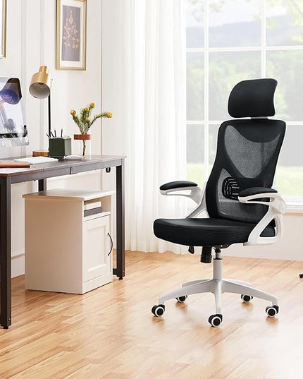 Yaheetech Ergonomic Mesh Office Chair, High Back Desk Chair with with flip-up Armrests, Adjustable Padded Headrest Computer Chair with Lumbar Support for Home Oiffce Game Room, White/Black - LeafyLoom