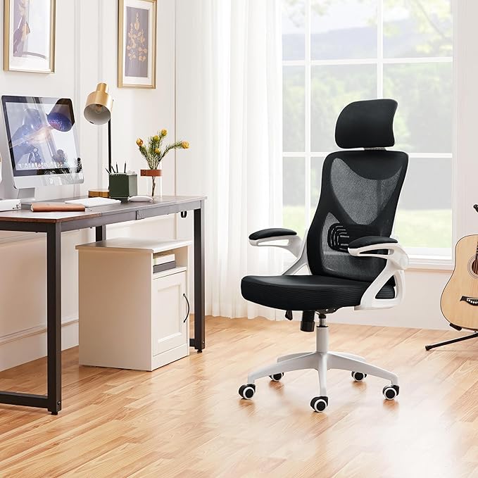 Yaheetech Ergonomic Mesh Office Chair, High Back Desk Chair with with flip-up Armrests, Adjustable Padded Headrest Computer Chair with Lumbar Support for Home Oiffce Game Room, White/Black - LeafyLoom