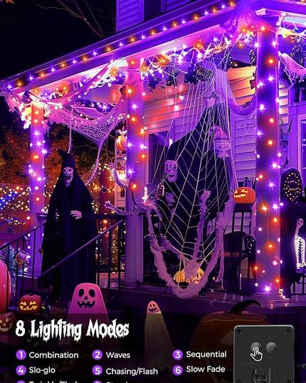 Minetom 2 Pack Solar Halloween Lights Outdoor, Total 80FT 200 LED Halloween String Lights with 8 Mode,Halloween Decoration Outdoor, Waterproof Solar String Lights for Outside Tree Yard,Orange & Purple Minetom