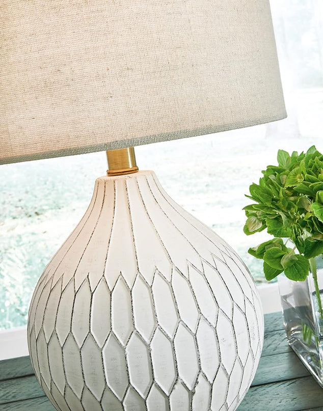 Signature Design by Ashley Wardmont 18" Modern Dimensional Design Ceramic Table Lamp, White - LeafyLoom