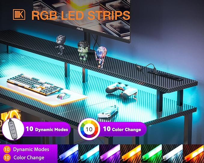 ODK 55 inch Computer Desk with Power Outlets & LED Lights, Gaming Desk with Monitor Stand & Storage Sheves, Home Office Desk, Carbon Fiber Black - LeafyLoom