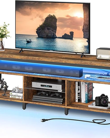 YITAHOME LED Television Stands w/Power Outlets for 70/65 inch, Modern Industrial TV Stand, Entertainment Center w/Open Storage, Entertainment Center for 360lbs for Living Room, Retro Brown - LeafyLoom