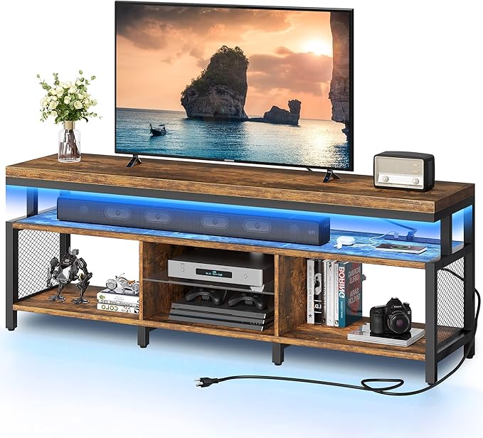 YITAHOME LED Television Stands w/Power Outlets for 70/65 inch, Modern Industrial TV Stand, Entertainment Center w/Open Storage, Entertainment Center for 360lbs for Living Room, Retro Brown - LeafyLoom