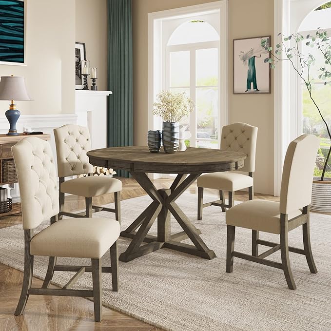 NicBex Kitchen Table Set Dining Room Table Set for 4 Retro Style Dining Table Set with Extendable Table and 4 Upholstered Chairs for Dining Room and Living Room, Natural Wood Wash - LeafyLoom