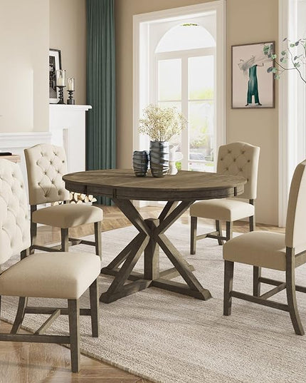 Small Dining Table Set for 4-6, Modern Round Extendable Table and Upholstered Chairs, X-Shaped Cross Base, Button Tufting Backrest, Retro Style Home Furniture for Small Spaces, Living Room - LeafyLoom