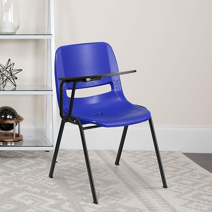 Flash Furniture HERCULES Blue Ergonomic Shell Chair with Right Handed Flip-Up Tablet Arm - LeafyLoom