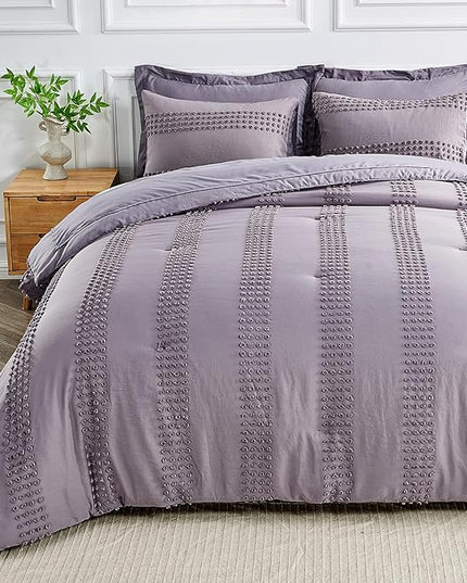 ENJOHOS Queen Comforter Set 7 Piece - Grey Comforters Queen Size, Queen Bed in a Bag Set, Boho Tufted Bedding Comforter Set with Pom Pom Design, Lightweight Soft Microfiber Comforter Bed Set - LeafyLoom
