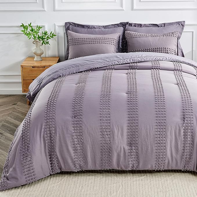 ENJOHOS Queen Comforter Set 7 Piece - Grey Comforters Queen Size, Queen Bed in a Bag Set, Boho Tufted Bedding Comforter Set with Pom Pom Design, Lightweight Soft Microfiber Comforter Bed Set - LeafyLoom