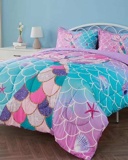 Queen Size Comforter Sets for Girls Mermaid Tail Rainbow Scales Bedding Set 3 Pieces Queen Comforter with 2 Pillowcases for Kids, Teenagers - LeafyLoom