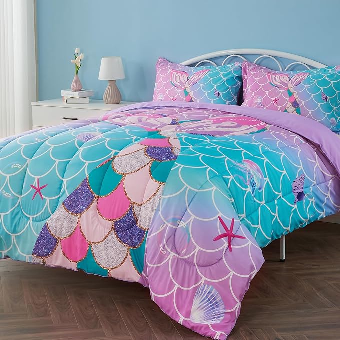 Queen Size Comforter Sets for Girls Mermaid Tail Rainbow Scales Bedding Set 3 Pieces Queen Comforter with 2 Pillowcases for Kids, Teenagers - LeafyLoom