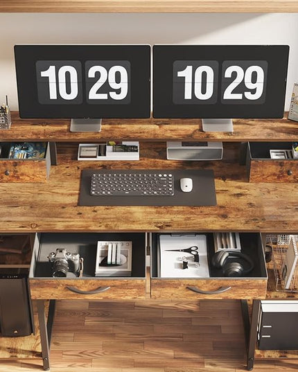 Treesland 55 Inch Computer Desk with Monitor Shelf, 24" Deep, Home Office Desks with Storage, Office Desk with 4 Drawers, Work Desk, Study Writing Desk, Desk with Drawers, Brown - LeafyLoom