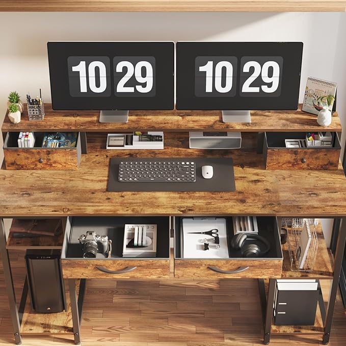 Treesland 55 Inch Computer Desk with Monitor Shelf, 24" Deep, Home Office Desks with Storage, Office Desk with 4 Drawers, Work Desk, Study Writing Desk, Desk with Drawers, Brown - LeafyLoom