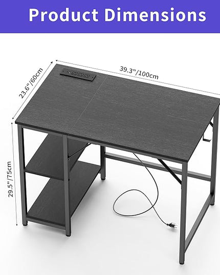 Small Computer Desk, 40 inches desk with 2 Shelves, Home Office Desk with USB/Type-C Charging Ports & Power Outlets, Study Table for Adults, Black - LeafyLoom