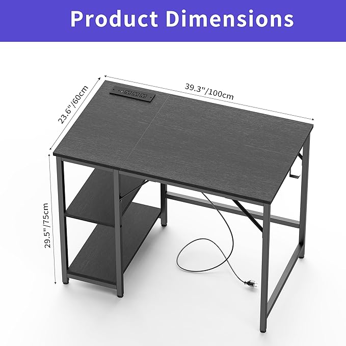 Small Computer Desk, 40 inches desk with 2 Shelves, Home Office Desk with USB/Type-C Charging Ports & Power Outlets, Study Table for Adults, Black - LeafyLoom