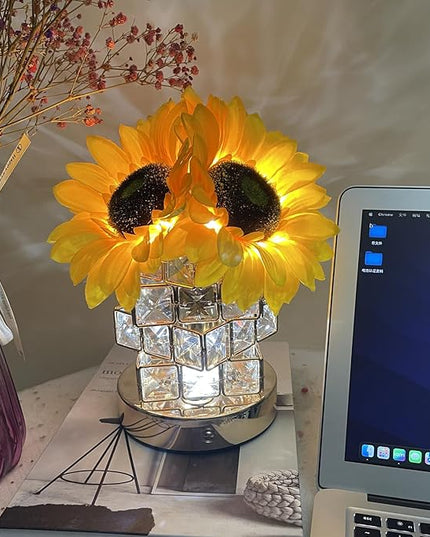 Sunflowers Lamp Touch Lam Artificial LED Sunflower Flowers with Glass Vase Table Lamp Night Light for Home Office Decor House Decorations Gift Idea - Rechargeable (Crystal Magic Cube Sunflower) - LeafyLoom