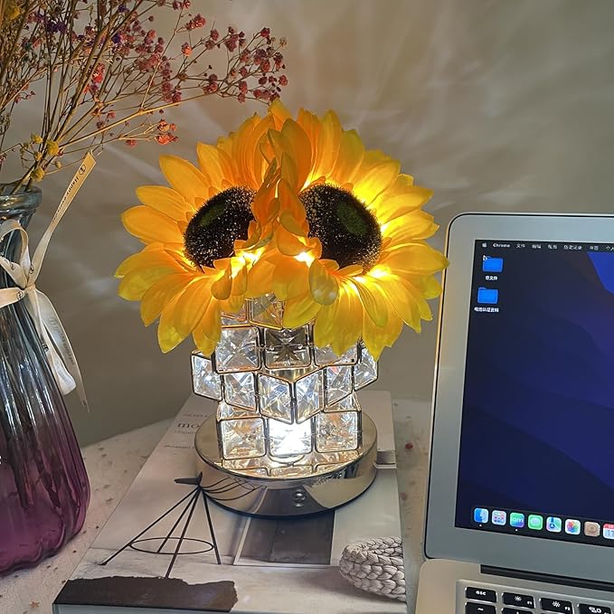 Sunflowers Lamp Touch Lam Artificial LED Sunflower Flowers with Glass Vase Table Lamp Night Light for Home Office Decor House Decorations Gift Idea - Rechargeable (Crystal Magic Cube Sunflower) - LeafyLoom