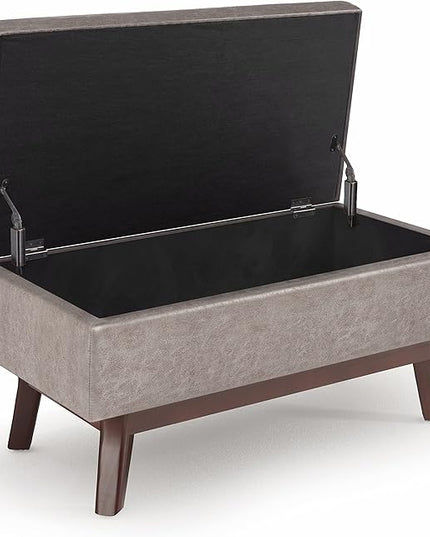 SIMPLIHOME Owen 36 Inch Wide Mid Century Modern Rectangular Coffee Table Lift Top Storage Ottoman in Upholstered Distressed Grey Taupe Faux Leather, For the Living Room - LeafyLoom