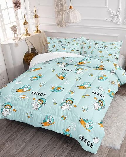 Kawaii Dog Rabbit Fox Comforter Set 3 Pieces Universe Galaxy Outer Space Bedding Set Astronaut Rocket Bed Quilt Set for Girls Boys Kids Blue - LeafyLoom