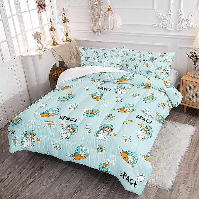 Kawaii Dog Rabbit Fox Comforter Set 3 Pieces Universe Galaxy Outer Space Bedding Set Astronaut Rocket Bed Quilt Set for Girls Boys Kids Blue - LeafyLoom