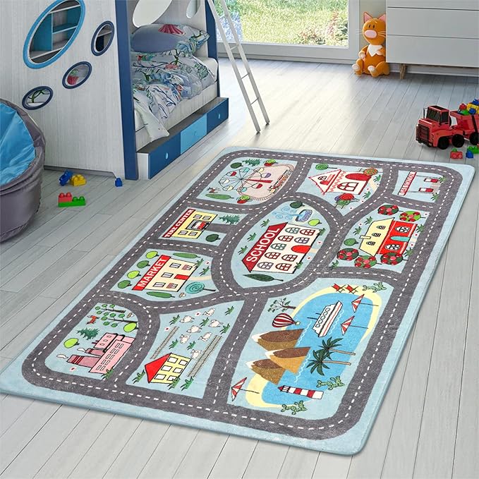 LIVEBOX Kids Rug 3'x5' Car Rug Play Mat for Playing Cars Toys, City Life Playroom Rug Educational Carpet for Children Boy Girl,Road Traffic Nursery Rug for Kids Room Play Area - LeafyLoom