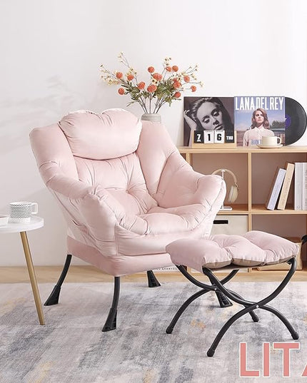 LITA Lazy Chair with Ottoman, Modern Accent Leisure Upholstered Sofa Chair, Contemporary Lounge Reading Chair with Armrests and a Side Pocket for Living Room, Bedroom & Small Space, Pink - LeafyLoom