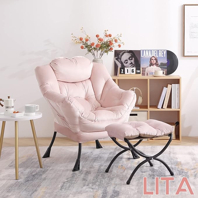 LITA Lazy Chair with Ottoman, Modern Accent Leisure Upholstered Sofa Chair, Contemporary Lounge Reading Chair with Armrests and a Side Pocket for Living Room, Bedroom & Small Space, Pink - LeafyLoom