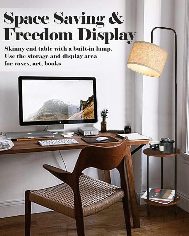 ELYONA Modern Floor Lamp with End Table, Rubber Wood Bedside Table Lamp with Adjustable Drum Shade, Rustic Tall Pole Shelf Reading Standing Light for Farmhouse Bedroom, Living Room, Office - Walnut - LeafyLoom