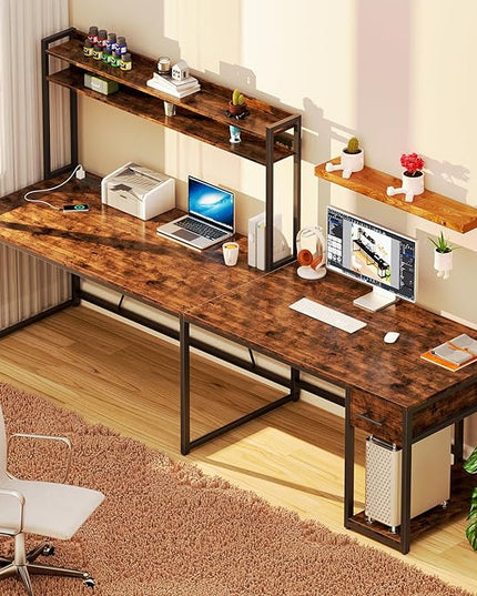 L Shaped Home Office Desk, Reversible Gaming Desk with Drawers, Led Lights & Power Outlets Rustic Brown - LeafyLoom
