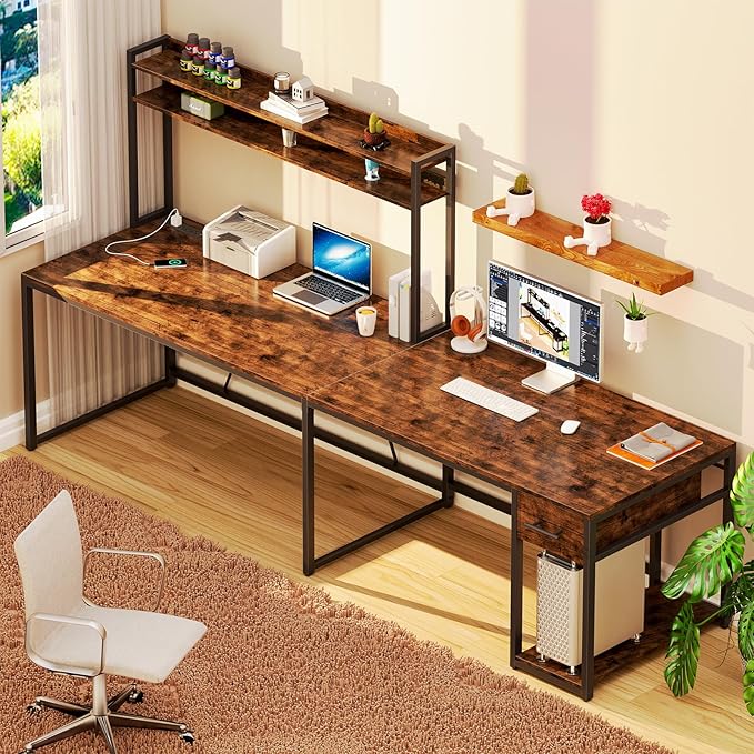 L Shaped Home Office Desk, Reversible Gaming Desk with Drawers, Led Lights & Power Outlets Rustic Brown - LeafyLoom