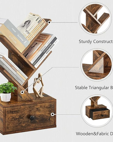 4 Tier Tree Bookshelf with Drawer, Small Tree Bookcase, Table Top Book Shelf Organizer Shelves for Living Room, Bedroom, Home Office, Rustic Brown - LeafyLoom
