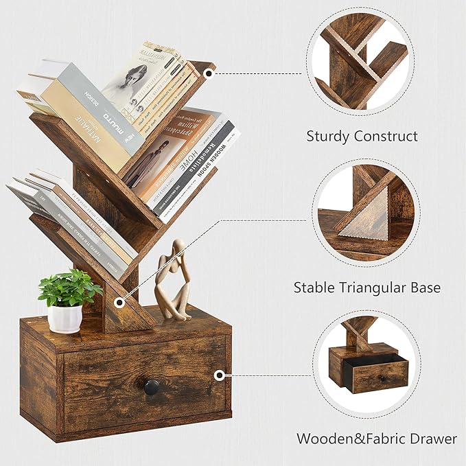4 Tier Tree Bookshelf with Drawer, Small Tree Bookcase, Table Top Book Shelf Organizer Shelves for Living Room, Bedroom, Home Office, Rustic Brown - LeafyLoom